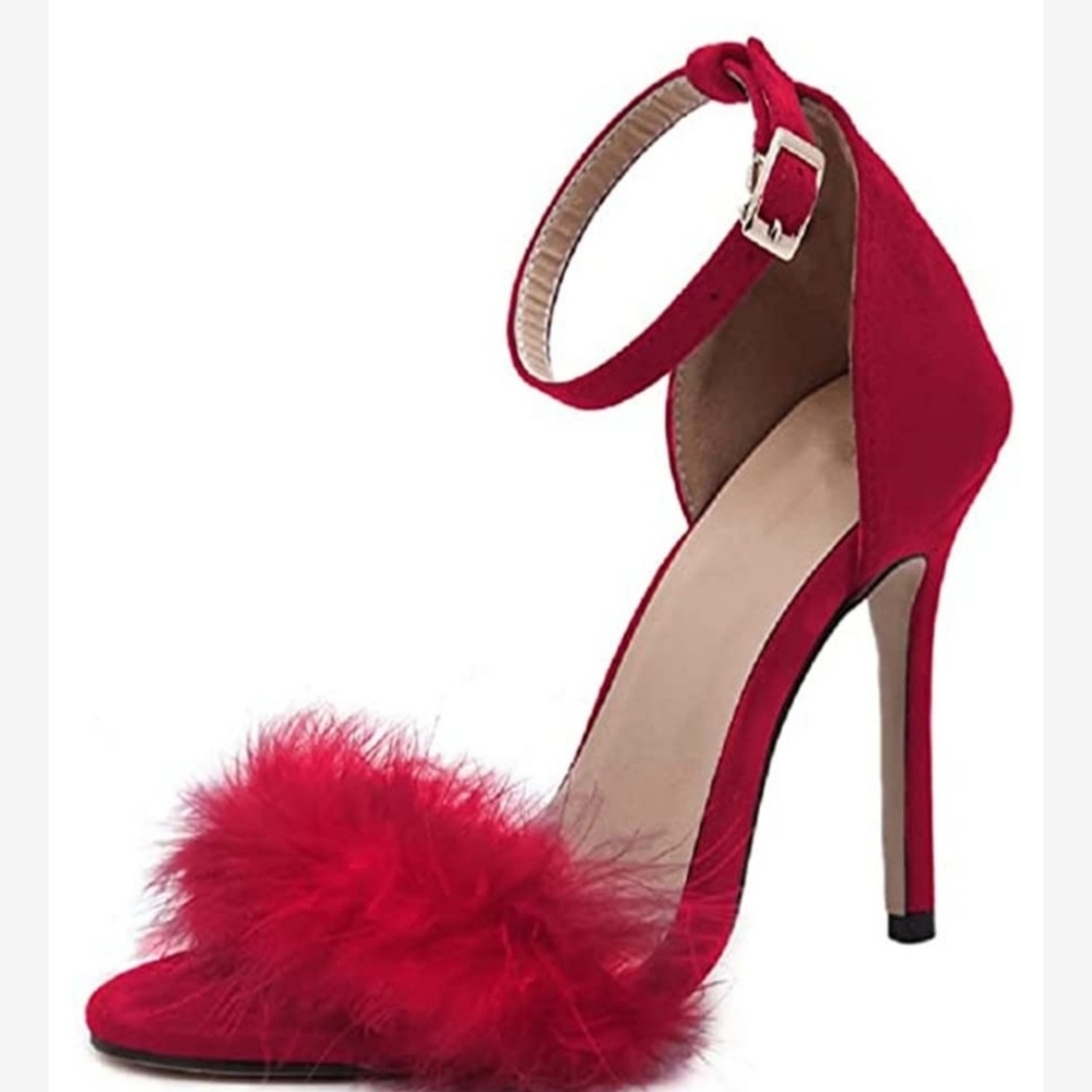 Red Feather Detail Ankle Strap Stiletto Heels‎